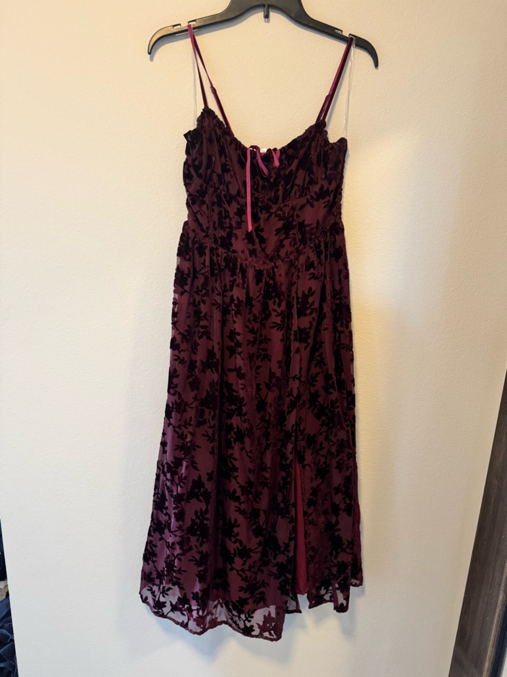 Altar'd State Burgundy and Black Floral Velvet Midi Dress with Spaghetti Straps